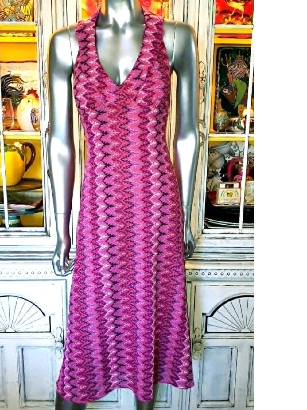 Betsey Johnson Vintage New York Y2K 90s Open Woven Knit Pink Midi Halter Dress S - Picture 2 of 16